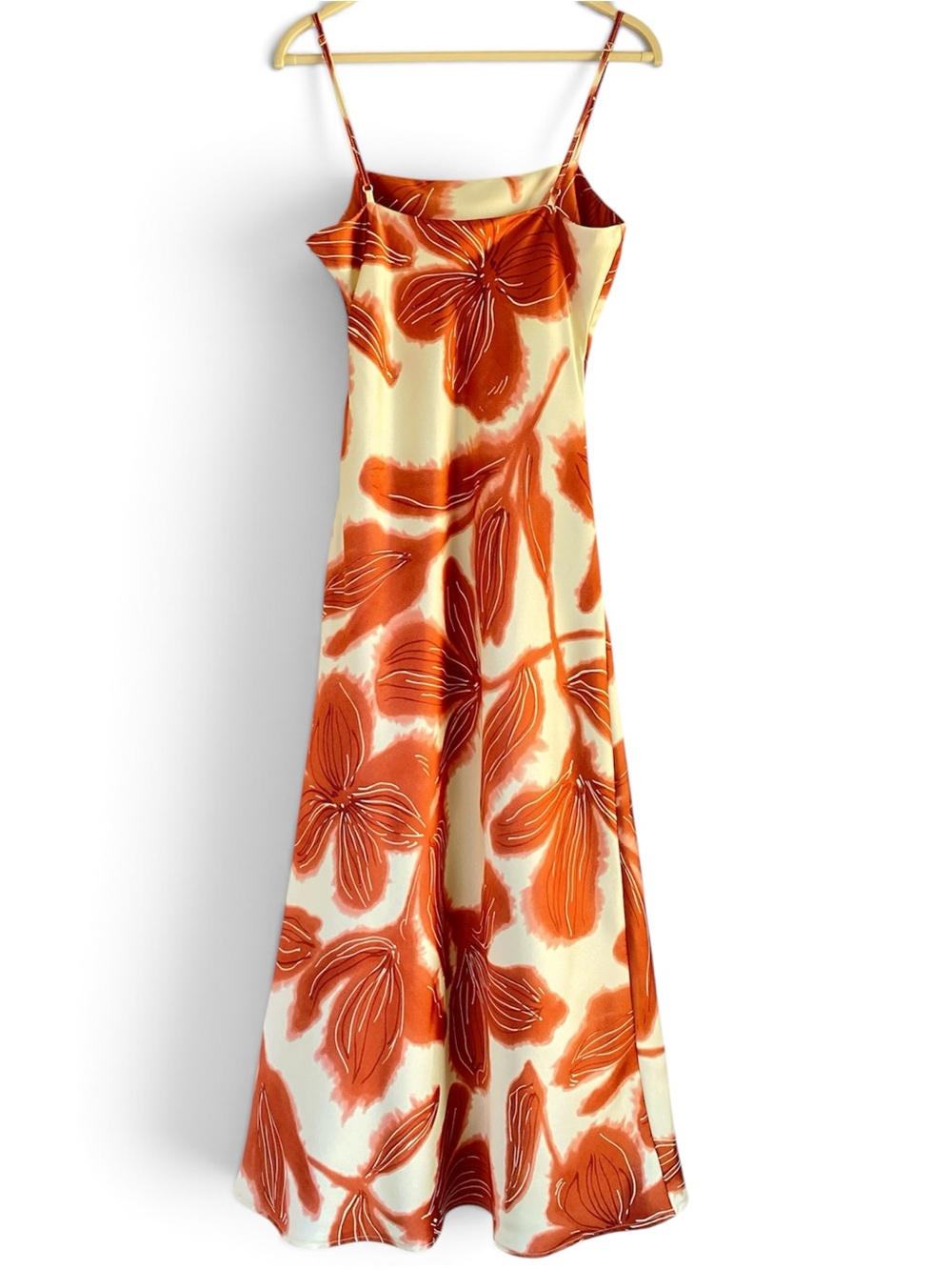 House of Harlow Rust Orange Abstract Floral Midi Slip Dress Ruched 70s Resort M - Picture 4 of 13